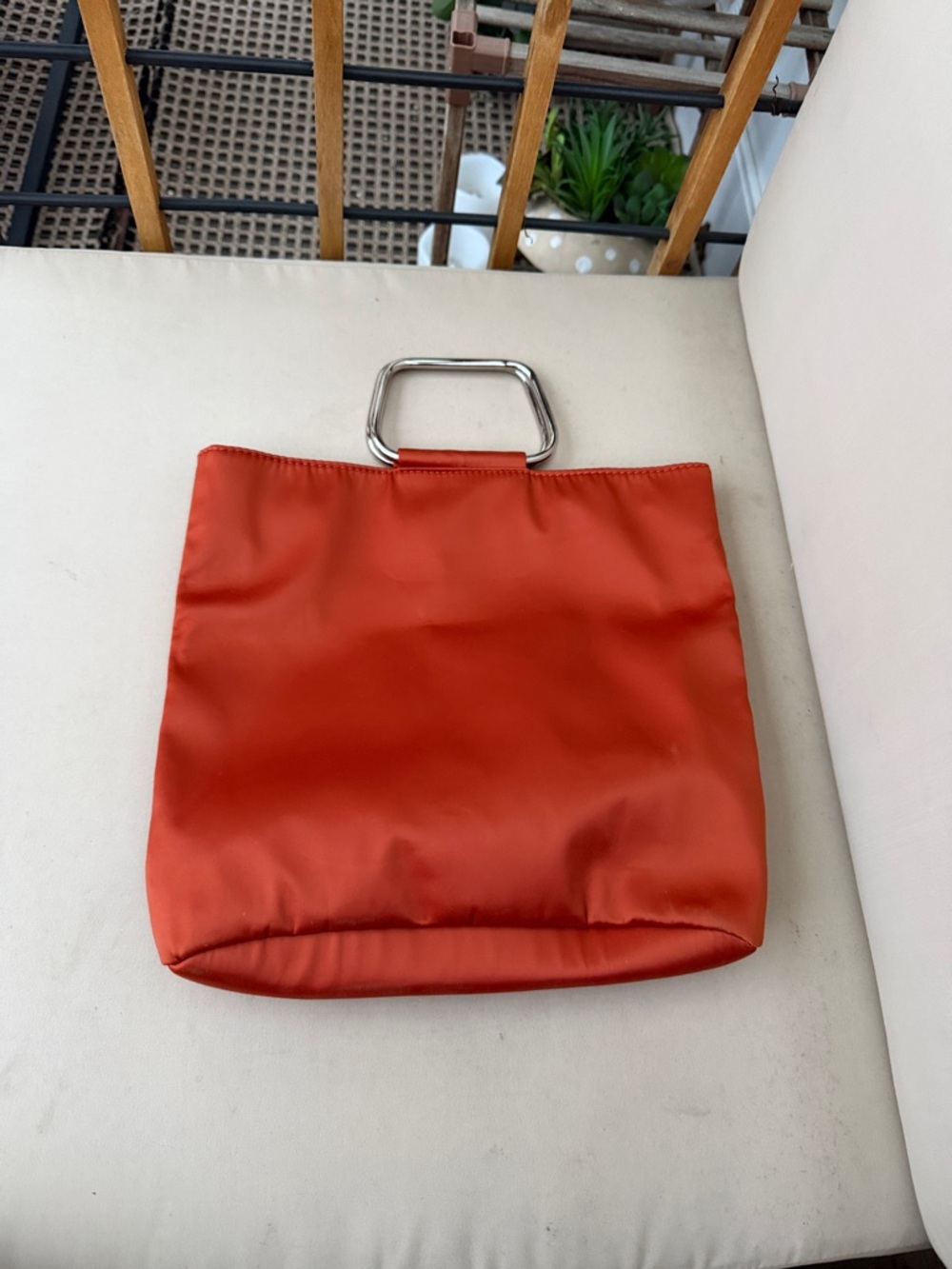 Orange Satin Tote Bag with Silver Handles